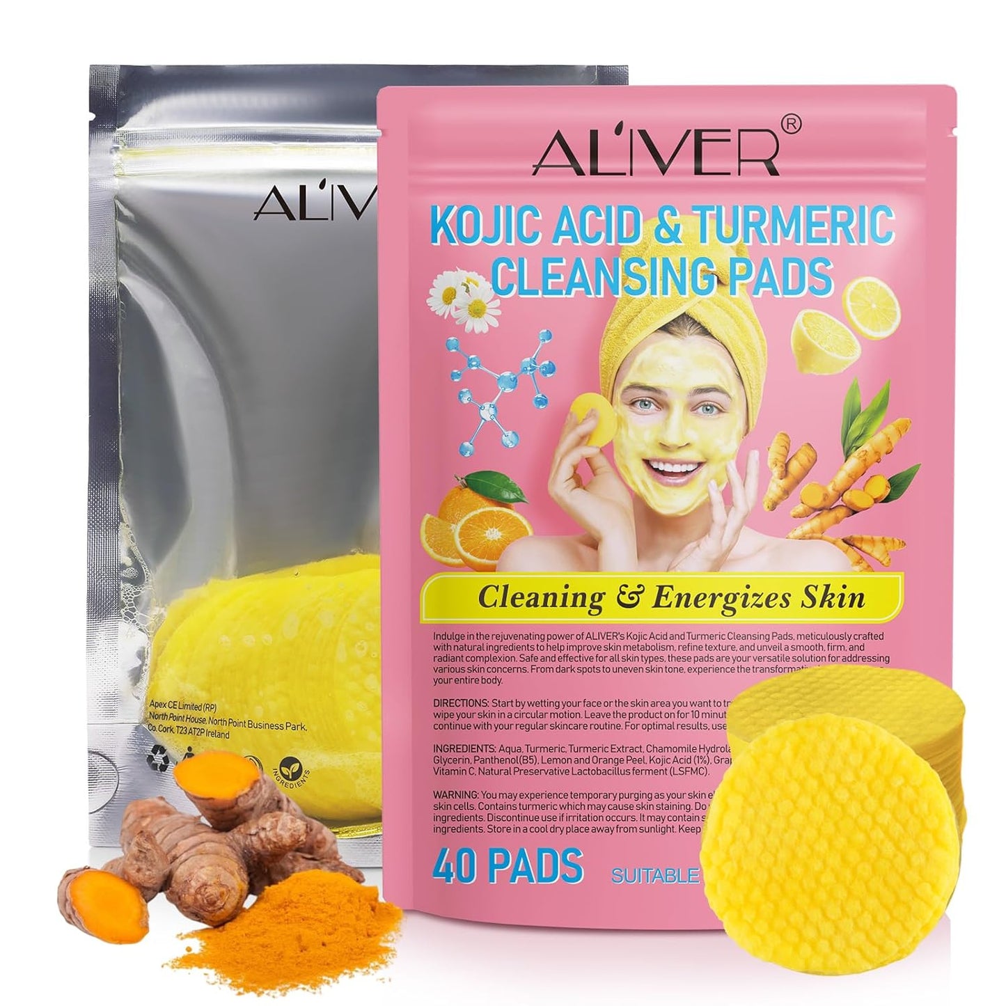 Turmeric Kojic Acid Cleansing Pads, 80pcs Kojic Acid and Turmeric Cleansing Pads with Vitamin B5, Vitamin C, Sugar for Face