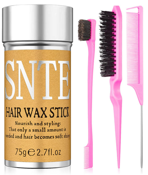 Slick Back Hair Brush & Hair Wax Stick Set - Tames Frizz & Smooths Flyaways - Sleek Ponytails, Buns, Edges - Styling Cream/Gel/Balm/Pomade Stick for Women - Styling Accessories for Girls & Kids