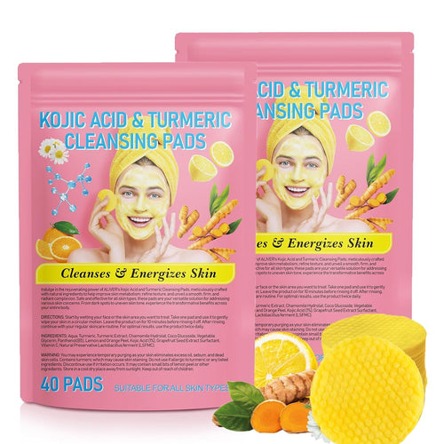 Turmeric Kojic Acid Cleansing Pads, 80pcs Kojic Acid and Turmeric Cleansing Pads with Vitamin B5, Vitamin C, Sugar for Face