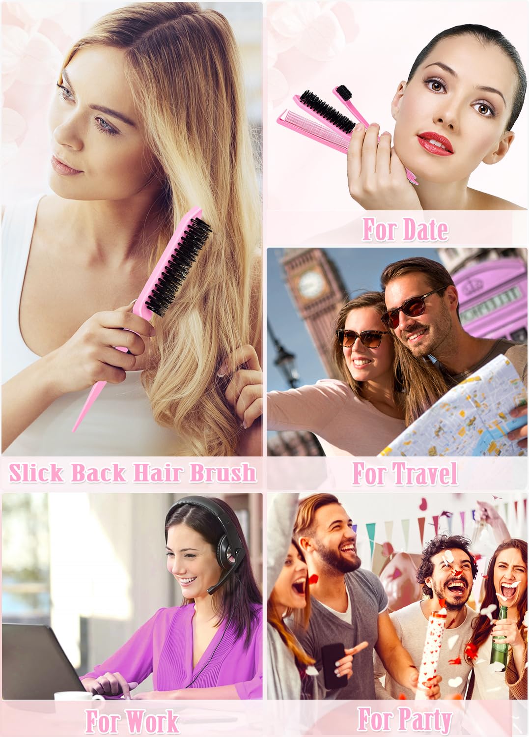Slick Back Hair Brush & Hair Wax Stick Set - Tames Frizz & Smooths Flyaways - Sleek Ponytails, Buns, Edges - Styling Cream/Gel/Balm/Pomade Stick for Women - Styling Accessories for Girls & Kids