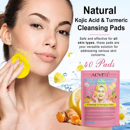 Turmeric Kojic Acid Cleansing Pads, 80pcs Kojic Acid and Turmeric Cleansing Pads with Vitamin B5, Vitamin C, Sugar for Face