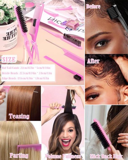 Slick Back Hair Brush & Hair Wax Stick Set - Tames Frizz & Smooths Flyaways - Sleek Ponytails, Buns, Edges - Styling Cream/Gel/Balm/Pomade Stick for Women - Styling Accessories for Girls & Kids